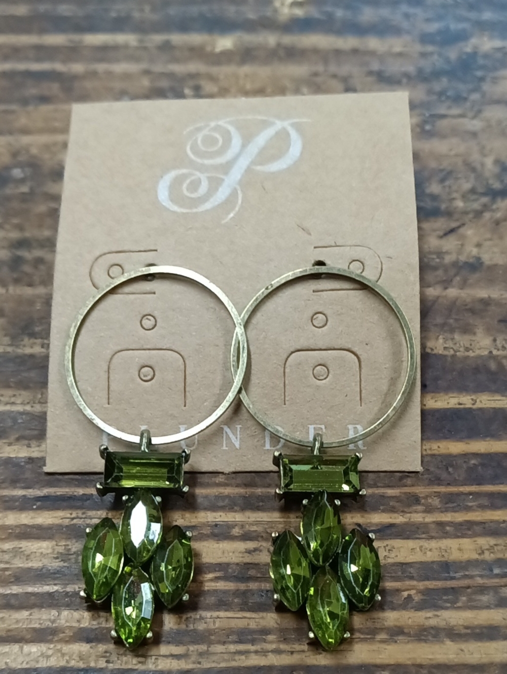 Plunder Gold Hoop Earrings with Olive Green Crystal Drops